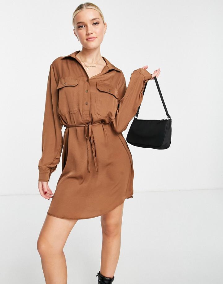 Stradivarius Satin Shirt Dress In Chocolate Brown