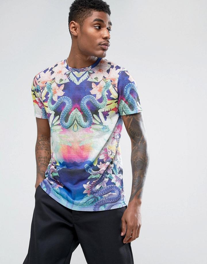 Asos T-shirt With All Over Psychodelic Floral Snake Print In Linen Look - Multi