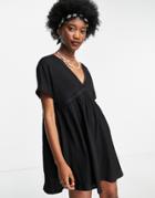 Asos Design Mini Smock Dress With Lace Trim And Ruffle Sleeves In Black