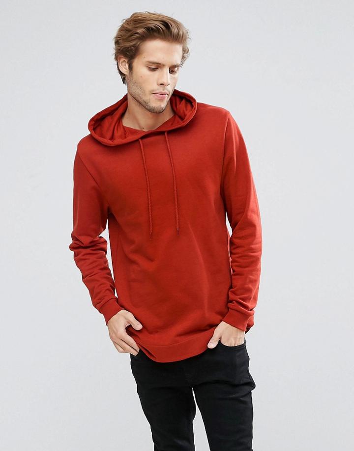 Asos Longline Hoodie With Curved Hem - Red