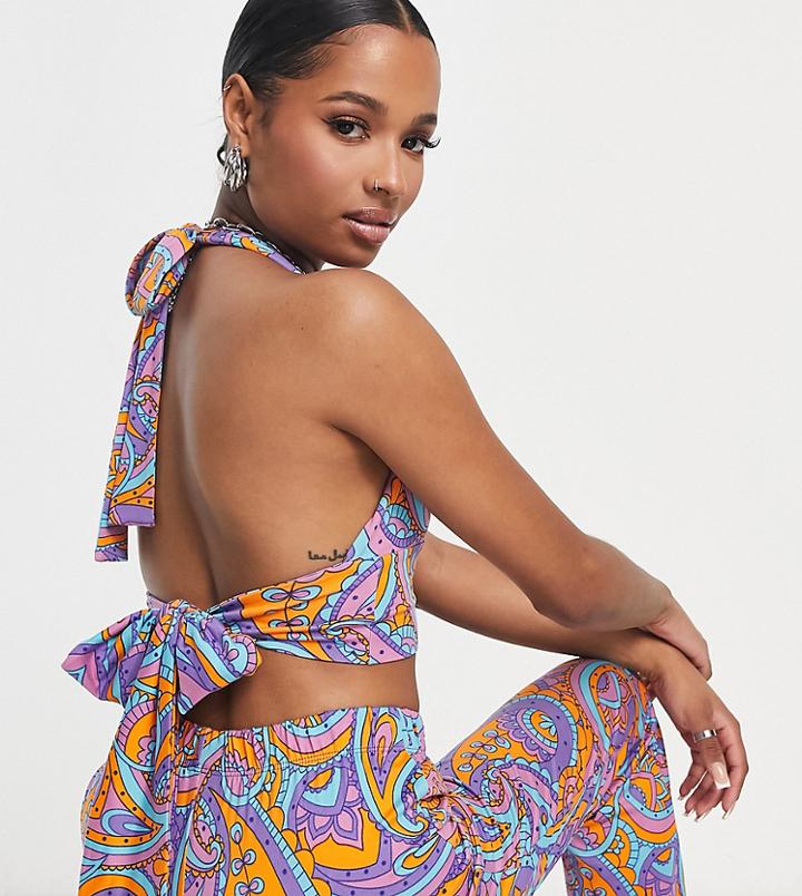 Urban Threads Petite Halter Neck Crop Top In 70s Swirl Print - Part Of A Set-multi