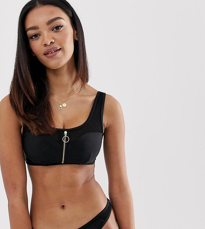 Wolf & Whistle Fuller Bust Exclusive Fishnet Zip Front Crop Top In Black - Black
