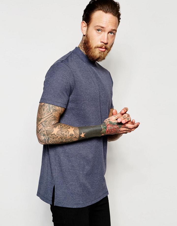 Asos Extreme Muscle Longline T-shirt With Turtleneck In Rib In Navy Marl - Navy Marl