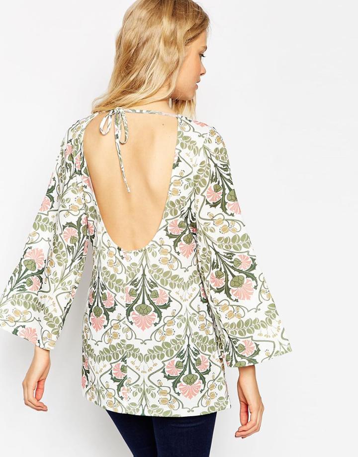 Asos Top With Bell Sleeve And Open Back In Tile Print - Multi
