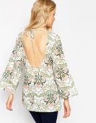 Asos Top With Bell Sleeve And Open Back In Tile Print - Multi