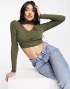 Miss Selfridge Long Sleeve Ruched Front Choker Detail Top In Olive Green-multi
