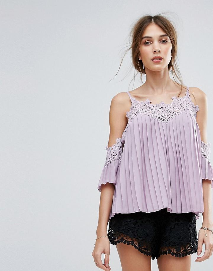 New Look Pleated Crochet Cold Shoulder Top - Purple