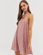 Asos Design Mini Halter Swing Dress With Faux Tortoiseshell Ring Detail In Stripe