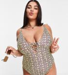 Asos Design Curve Lace Up Swimsuit In Tile Print-black
