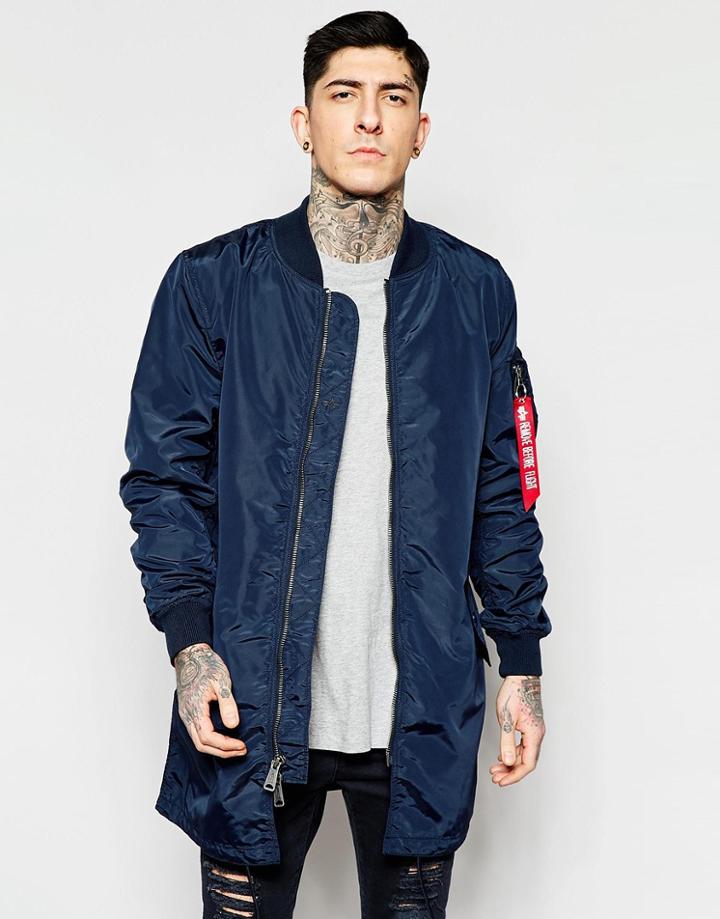 Alpha Industries Ma1 Long Bomber Jacket Slim Fit In Navy - Rep Blue