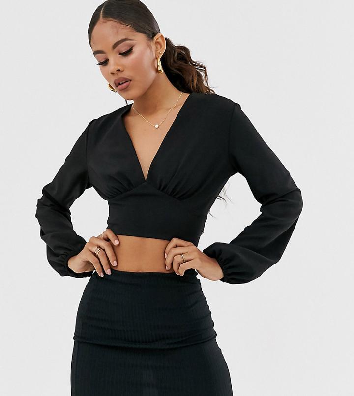 John Zack Tall Wrap Front Open Back Crop Top In Black - Black