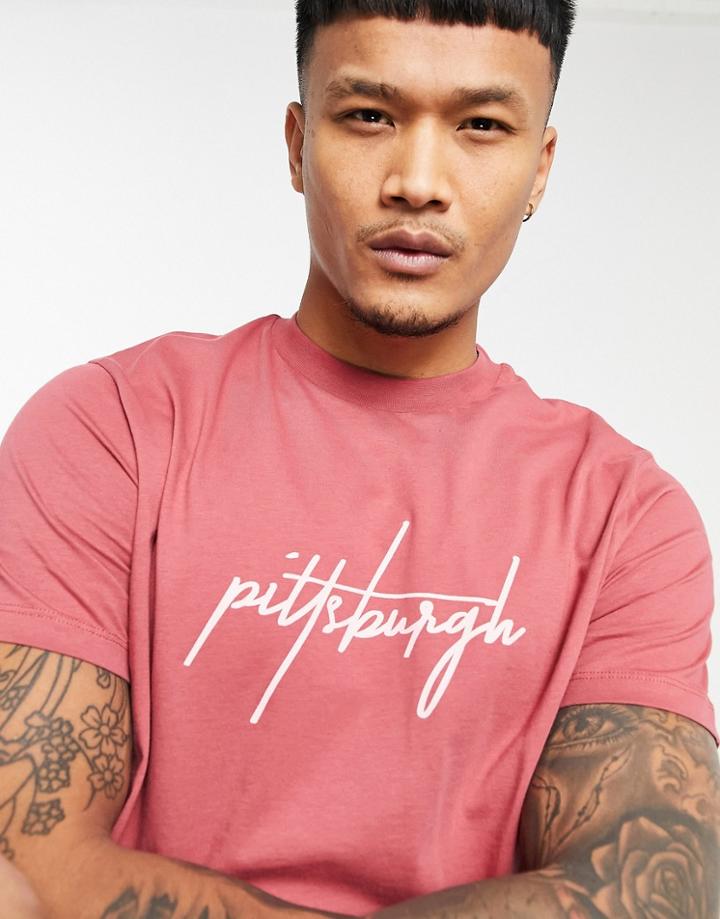 Asos Design T-shirt With City Print In Burgundy-red