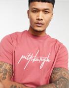 Asos Design T-shirt With City Print In Burgundy-red
