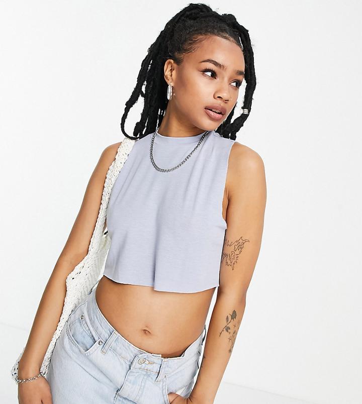 Asos Design Petite Raw Edge Fine Knit Crop Tank Top In Smokey Blue-multi