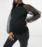 Pieces Maternity High Neck Top With Organza Volume Sleeves In Black