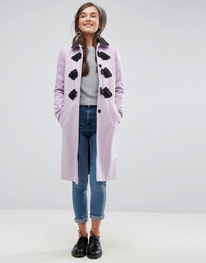 Asos Slim Coat With Contrast Frogging - Pink