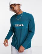 Asos Design Relaxed Long Sleeve T-shirt In Blue Color Block With Waffle And Print-blues