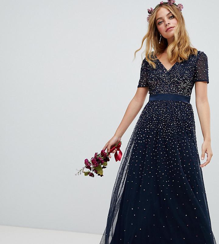 Maya Petite V Neck Maxi Tulle Dress With Contrast Tonal Delicate Sequins In Navy - Navy