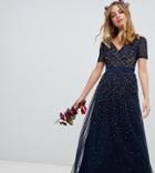 Maya Petite V Neck Maxi Tulle Dress With Contrast Tonal Delicate Sequins In Navy - Navy