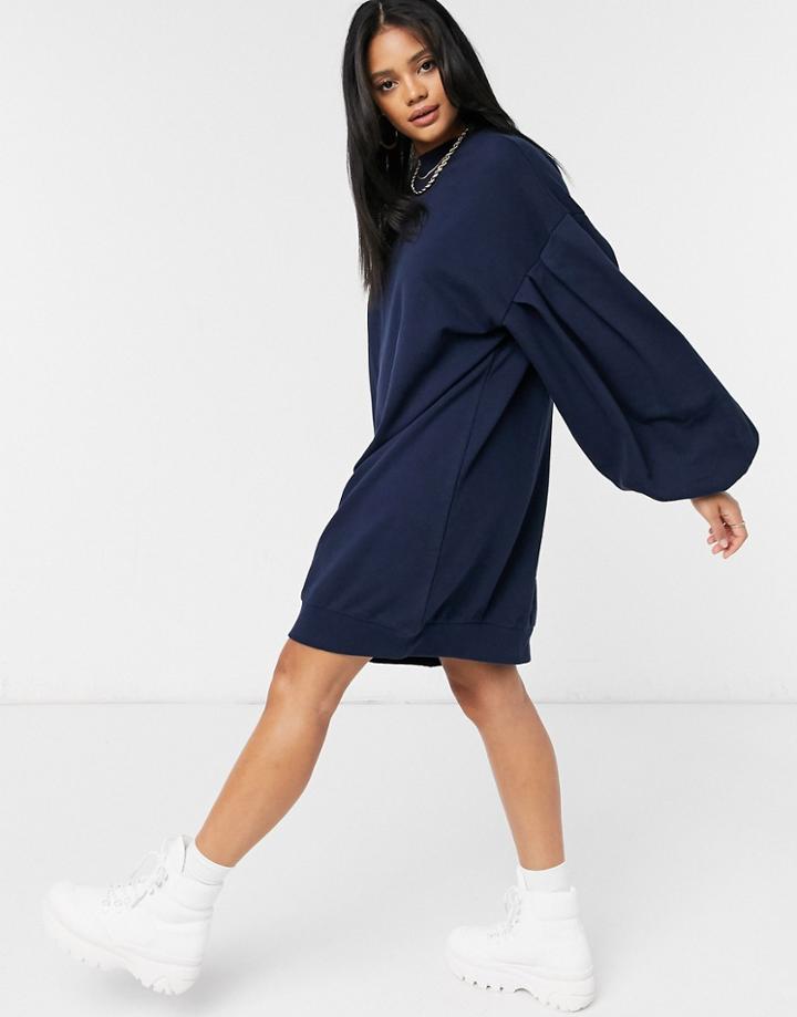 Asos Design Oversized Balloon Sleeve Sweatshirt Dress In Navy