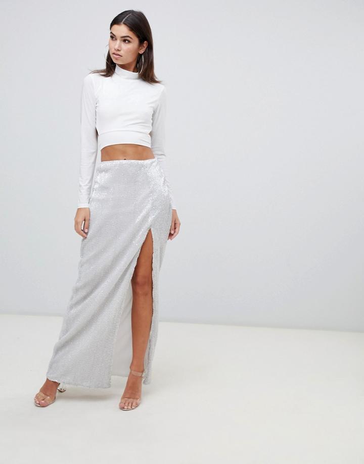 Club L Sequin Maxi Skirt With High Thigh Split - Silver