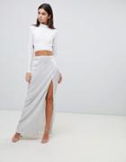 Club L Sequin Maxi Skirt With High Thigh Split - Silver