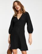 River Island V-neck Textured Smock Mini Dress In Black