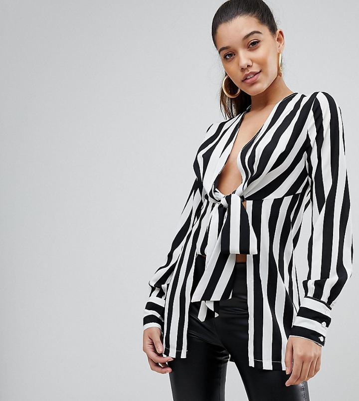 Prettylittlething Stripe Tie Front Blouse - Multi