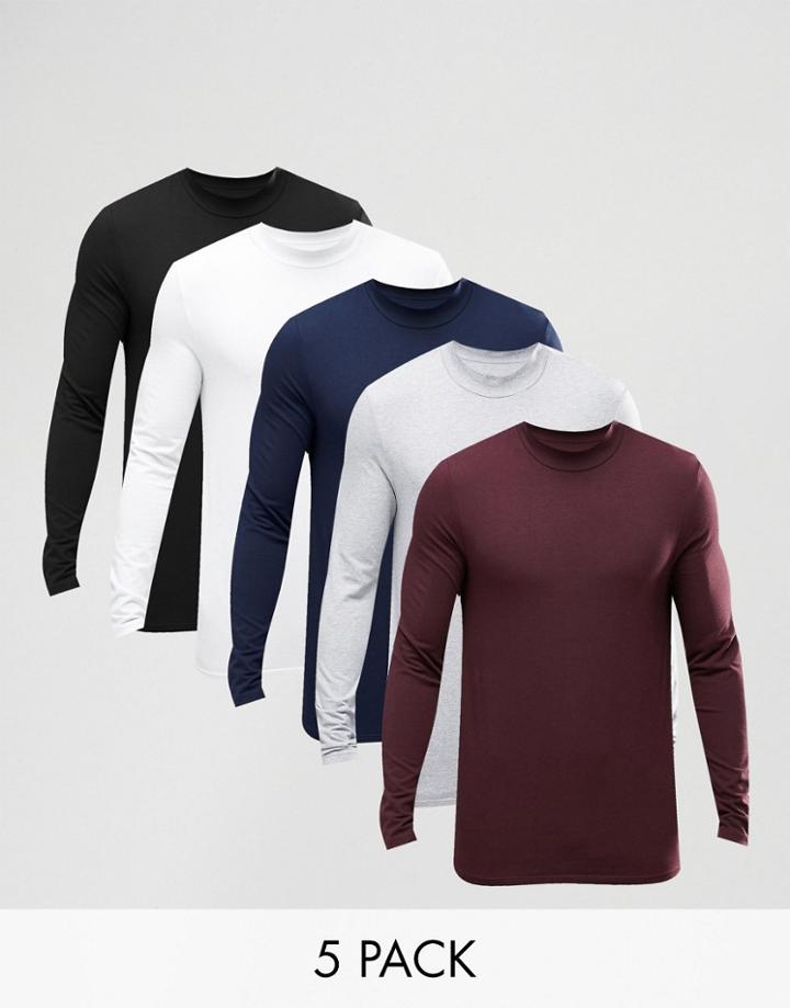 Asos Muscle Long Sleeve T-shirt With Turtleneck 5 Pack Save 24% - Multi