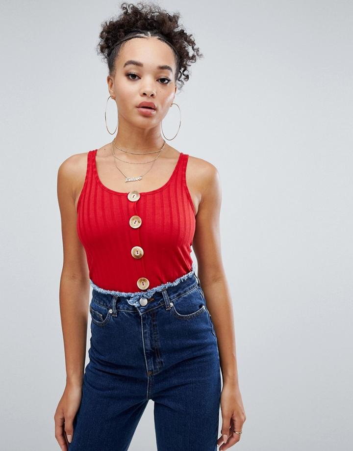 Boohoo Button Down Ribbed Tank In Red - Red