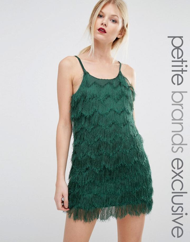 True Decadence Petite Fringe Layered Cami Mini Dress - Green