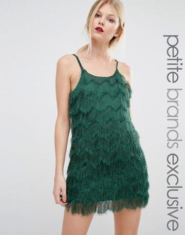 True Decadence Petite Fringe Layered Cami Mini Dress - Green