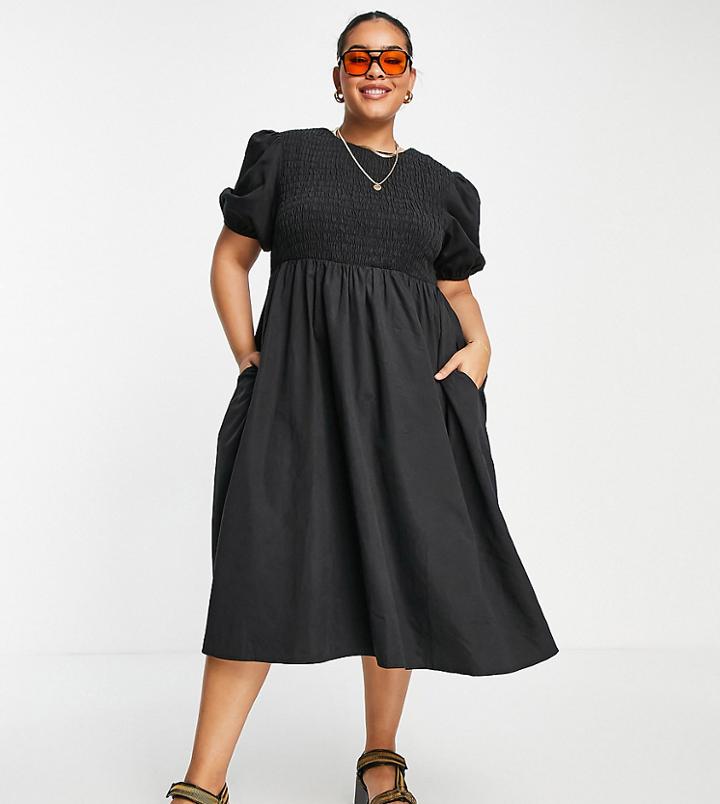 Lola May Plus Shirred Smock Dress With Puff Sleeves In Black