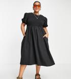 Lola May Plus Shirred Smock Dress With Puff Sleeves In Black
