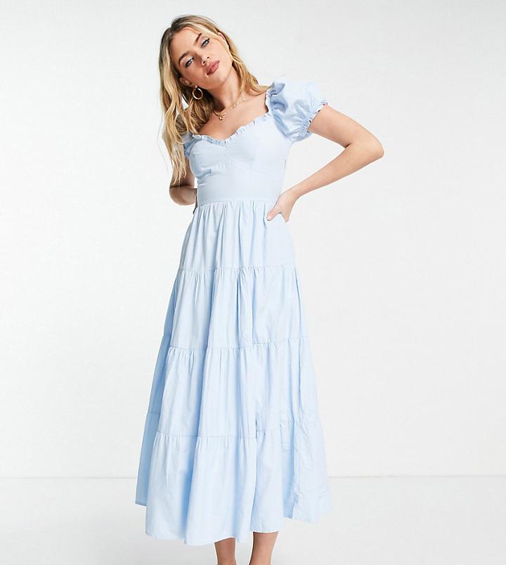 Stradivarius Milkmaid Poplin Dress With Puff Sleeves In Blue-blues