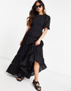 Asos Design Shirred Mixed Broderie Tiered Maxi Dress With Lace Inserts In Black