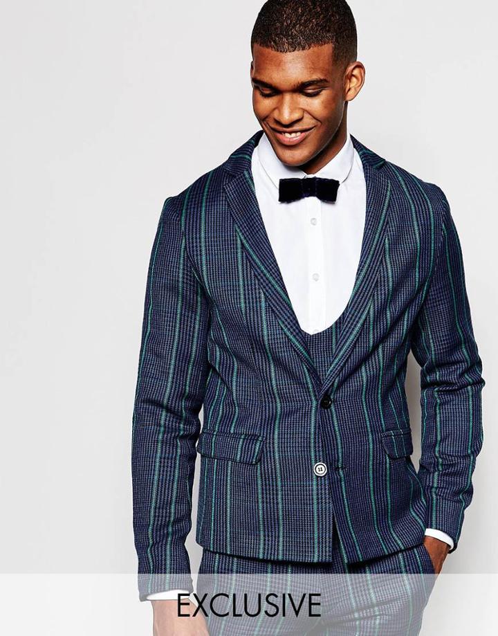 Reclaimed Vintage Tweed Suit Jacket In Slim Fit - Navy