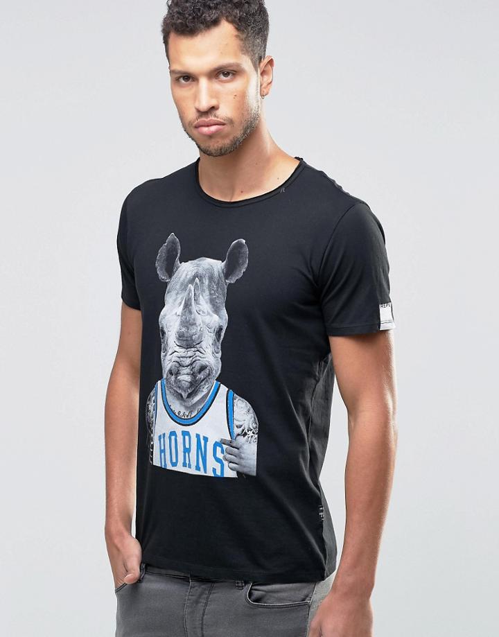 Replay Rhino Horns Print T-shirt In Black - Black