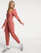 Asos Design Square Neck Button Front Tea Jumpsuit With Peg Leg-brown