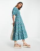 Influence Puff Sleeve Tiered Midi Dress In Blue Floral-multi