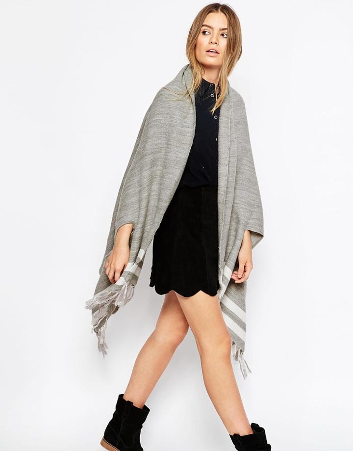 Asos Stripe Slot Through Cape With Fringe - Gray