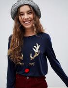 Nocozo Long Sleeve Christmas T-shirt With Gold Sequin Reindeer With Red Pom Pom Nose - Navy