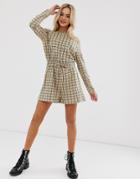 Daisy Street Romper With Tie Waist In Vintage Check-beige