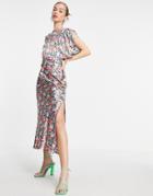 Asos Design Satin Midi Tea Dress With Puff Sleeves And Belt In Floral Print-multi