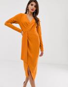 Asos Design Long Sleeve Wrap Midi Dress With Belt Detail - Orange