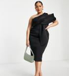 Asos Design Curve Peekaboo Shoulder Tuck Midi Pencil Dress In Black