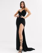 Club L London Plunge Front Maxi Dress With High Thigh Split In Black
