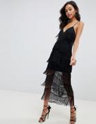 Asos Design Fringe Mesh Strappy Maxi Bodycon Dress - Black