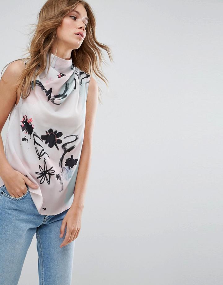 Asos Sleeveless Top With Ruched High Neck In Watercolor Print - Multi