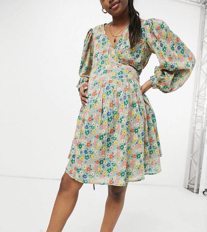 Asos Design Maternity Long Sleeve Tie Wrap Around Mini Skater Dress In Green Based Floral-multi